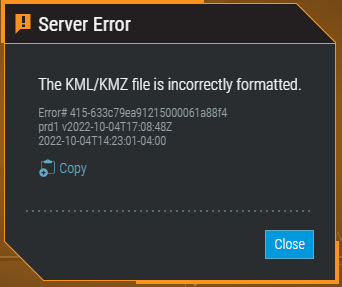 An error after loading an invalid KMZ file.