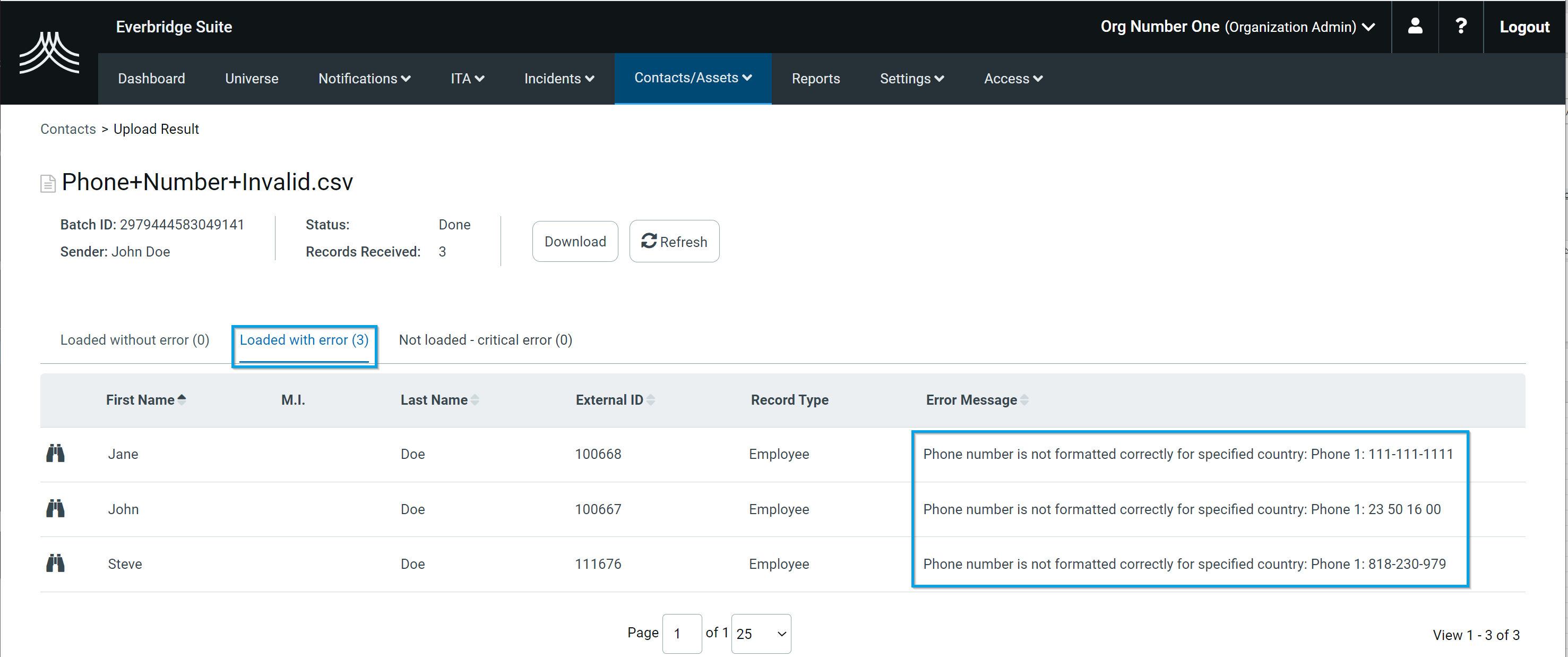 EBS Contact Upload Error Code 'Phone number is not formatted