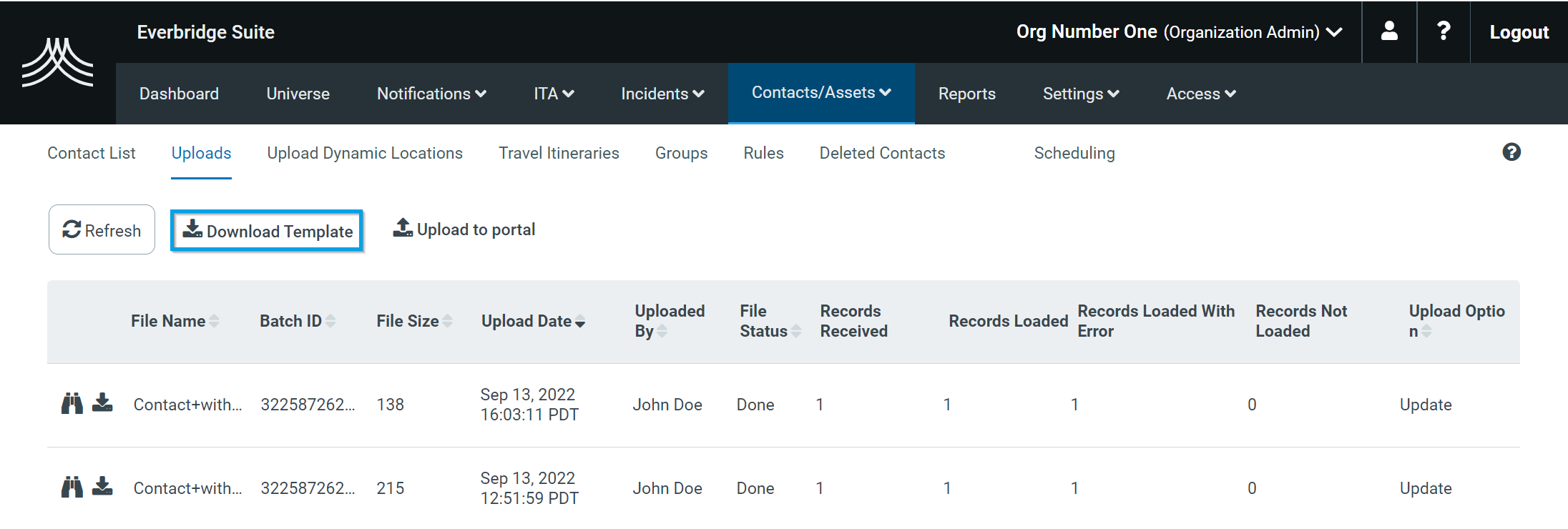 Organization Level CSV Contact Upload Template