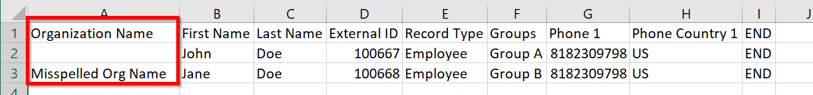 CSV File With Missing or Incorrect Org Name