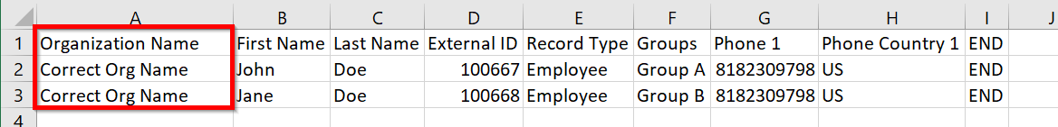 CSV File With Organization Name Column Populated